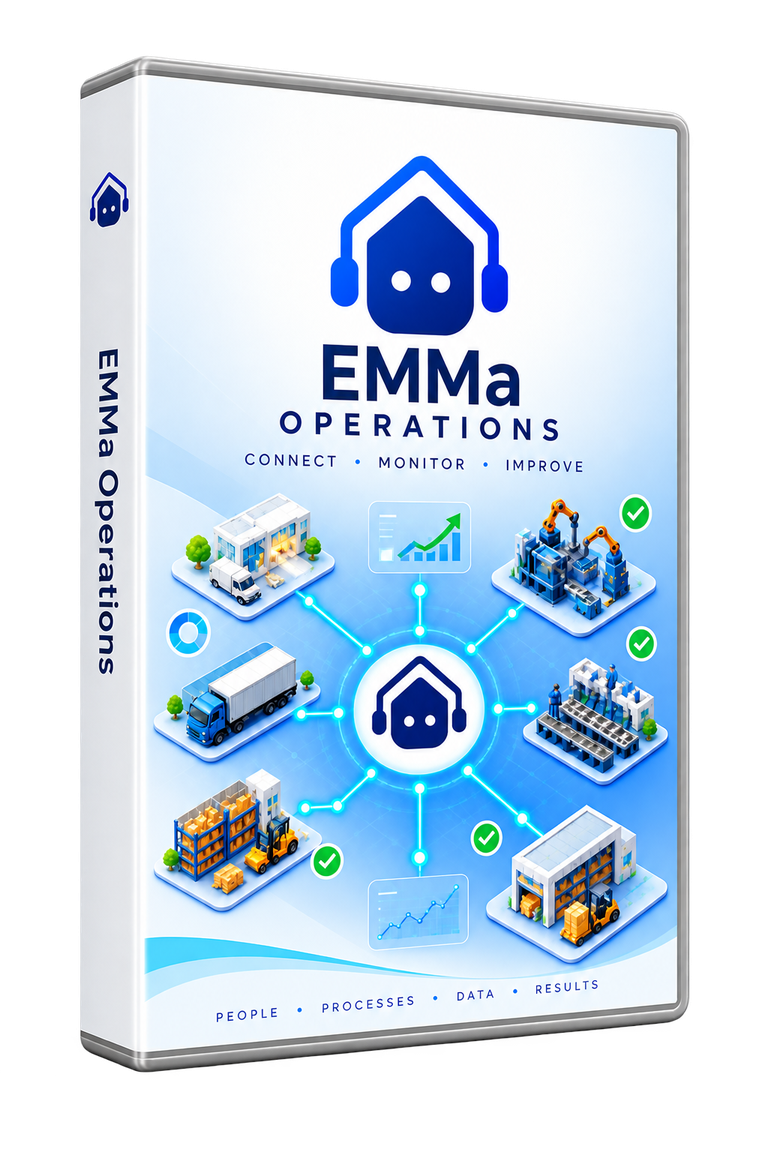 An EMMa Operations software case showing the EMMa emblem above a connected factory network.