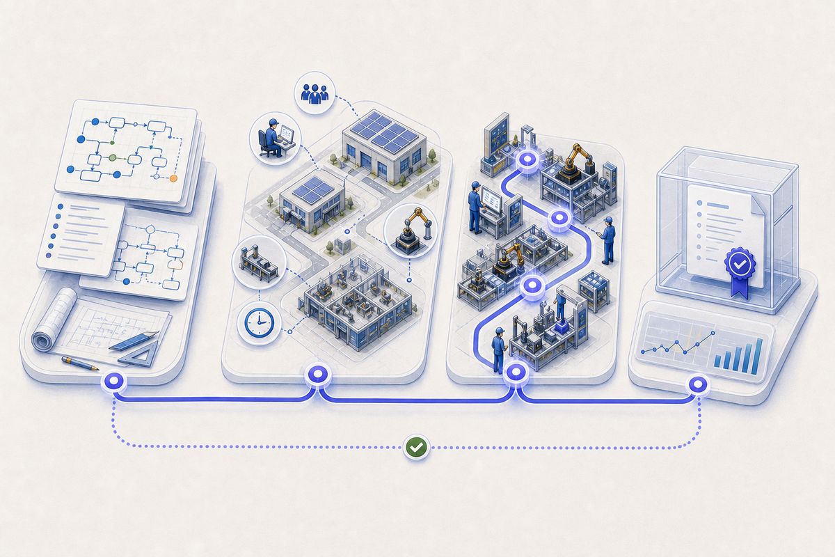 A designed process is connected to a real organization, used on the factory floor, and closed with a complete record.