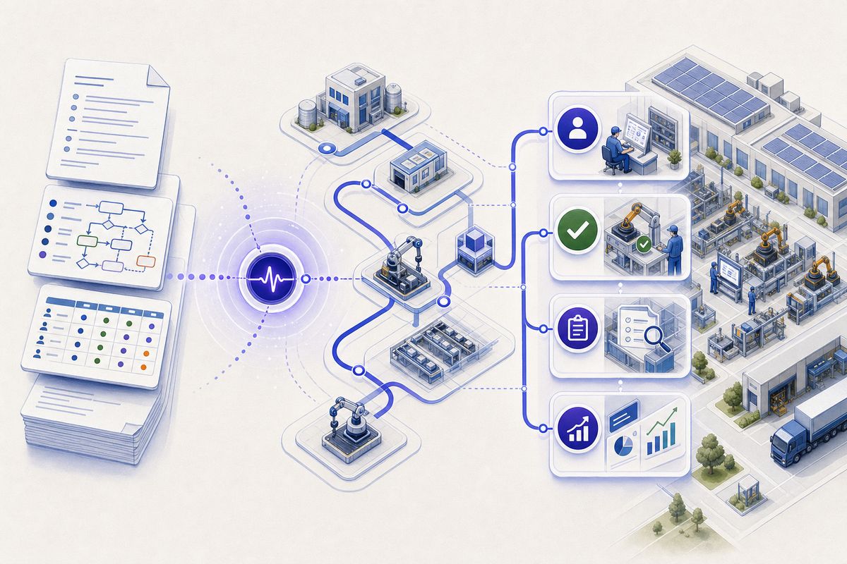 Static procedure documents receive a business-event pulse and become assigned, validated work that produces evidence.