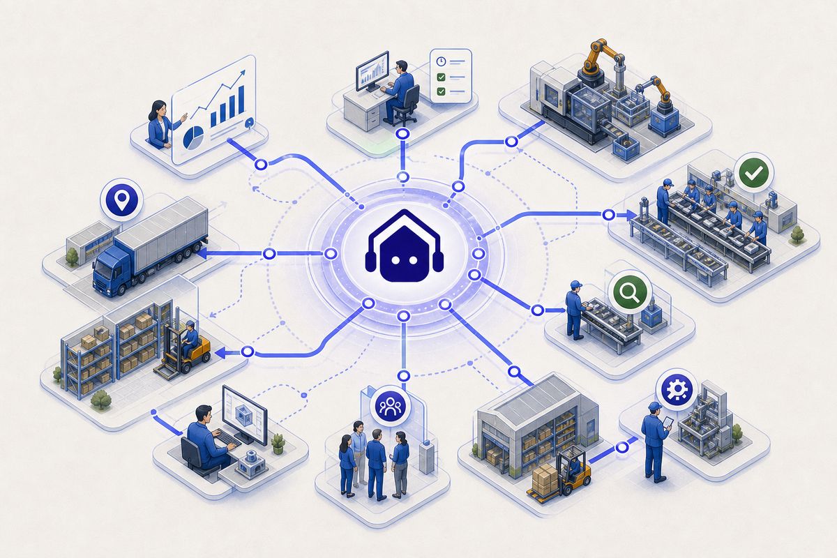 A central hub connects planning, production, quality, maintenance, warehouse, people, engineering and delivery.