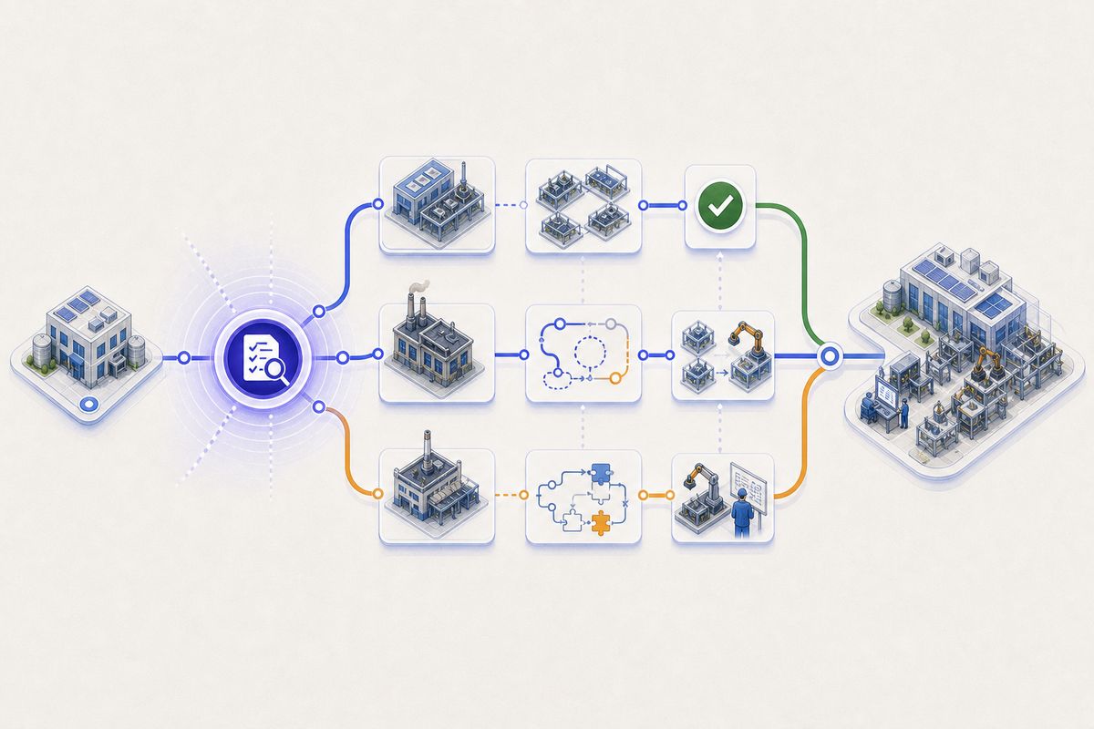 A standard factory model is validated through standard-fit, process-improvement and controlled-extension paths before go-live.