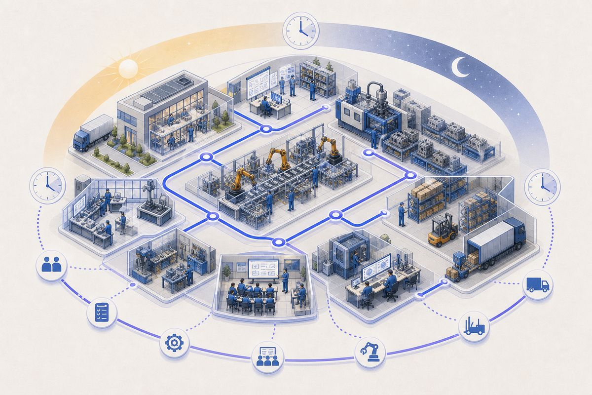 An example factory configured with three shifts across injection molding and assembly areas.