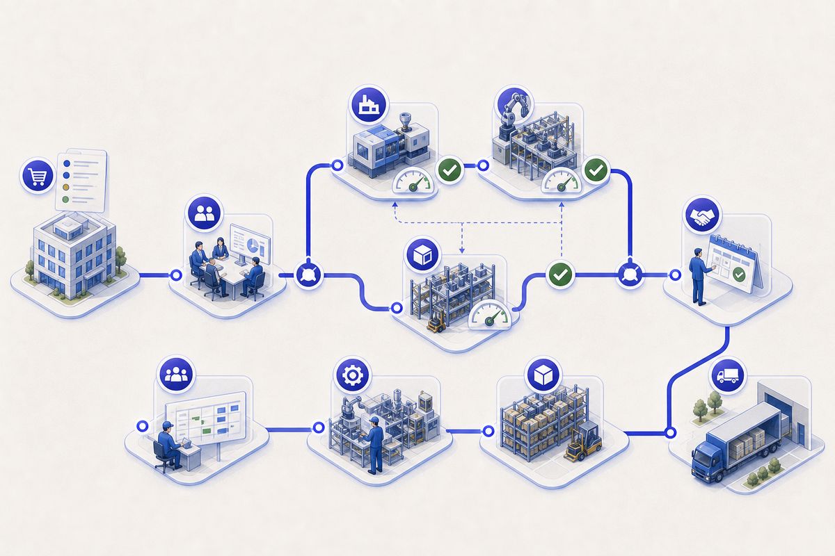 Customer demand passes through capacity, material, planning, production and warehouse checkpoints before delivery.