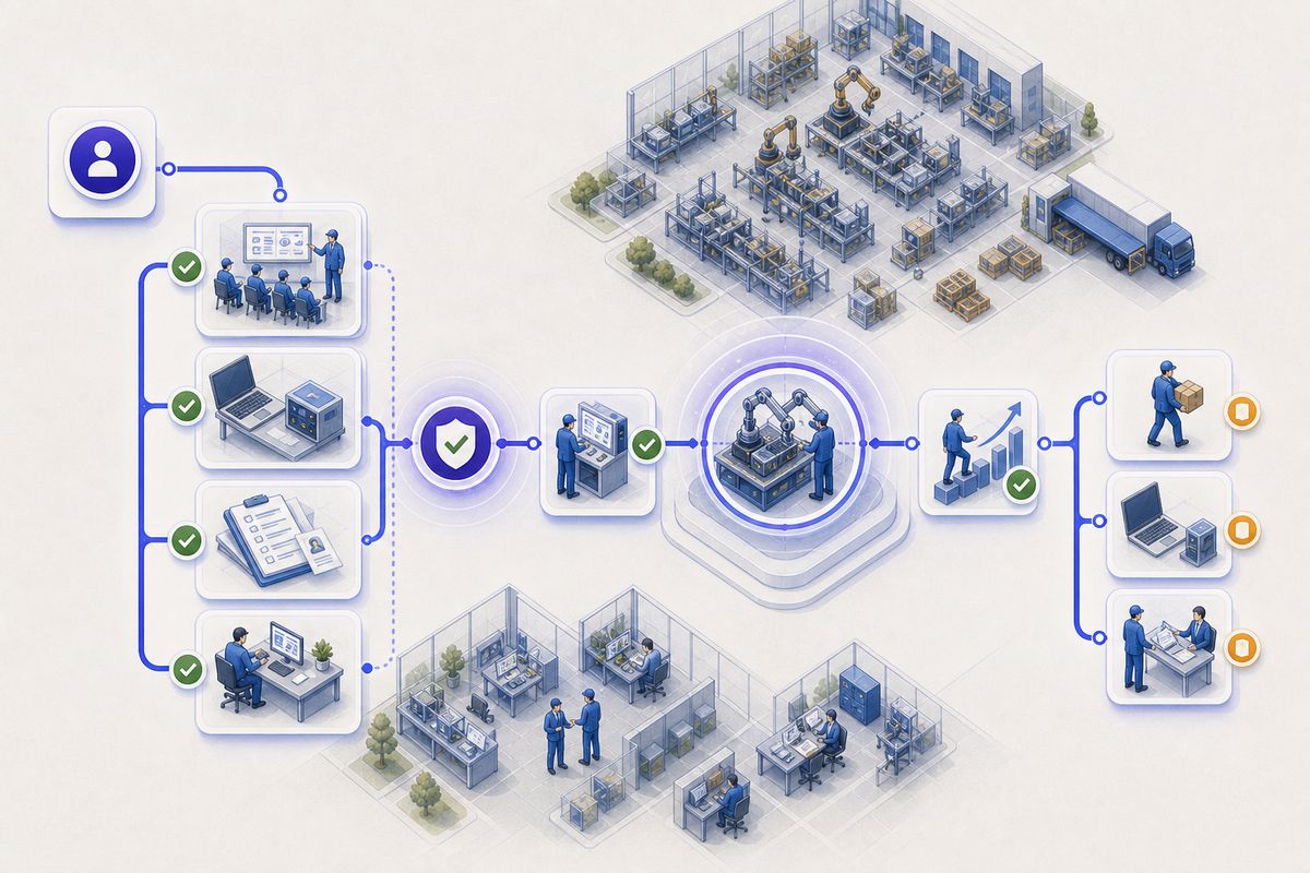 An employee lifecycle from creation through onboarding, training and qualification to assignment and development.
