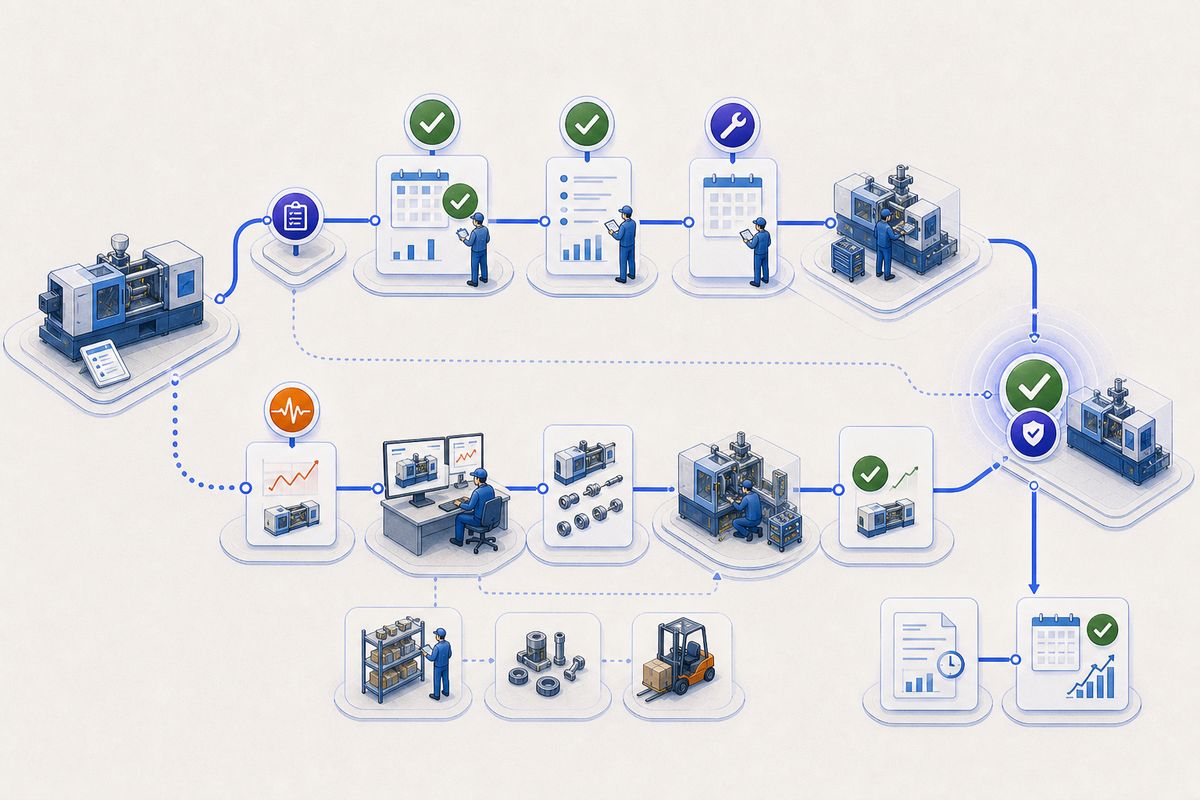 Preventive and corrective maintenance routes converge at verified equipment availability and updated history.