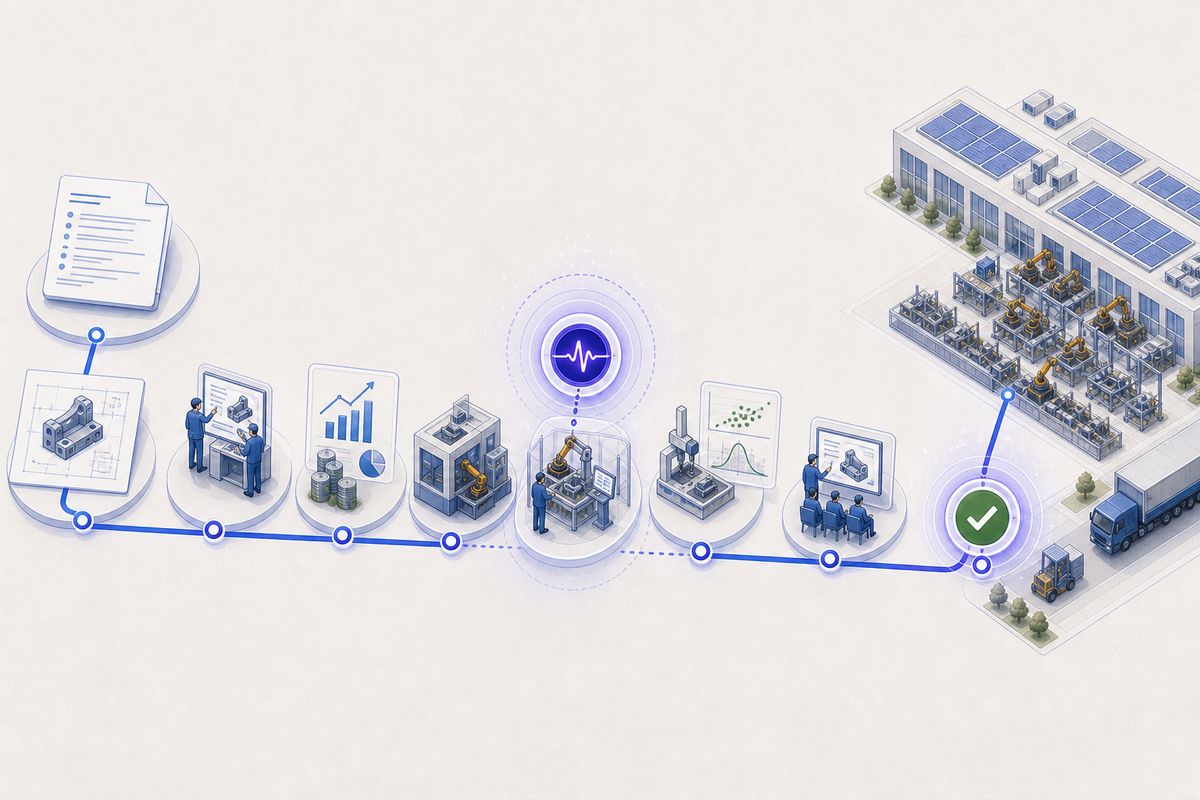 A new product moves through industrialization, tooling readiness, trial production and capability validation to serial release.