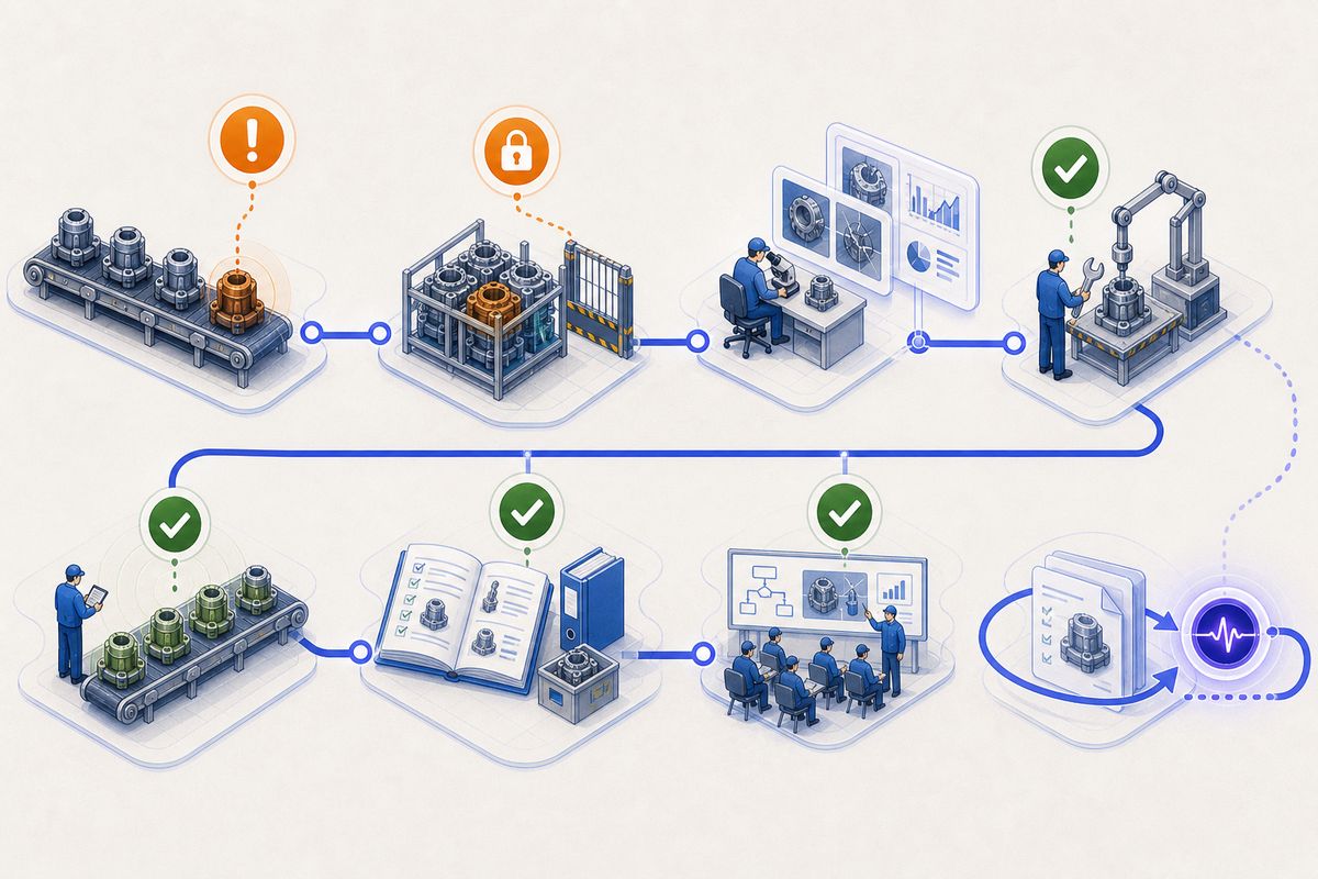 A production problem moves through containment, root cause, corrective action, verification and standardisation.