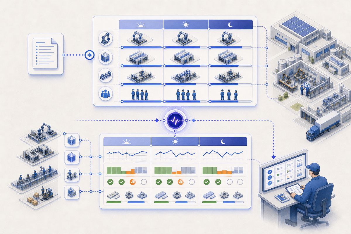 An example plant with production planned and monitored across three shifts, with per-shift performance visible.