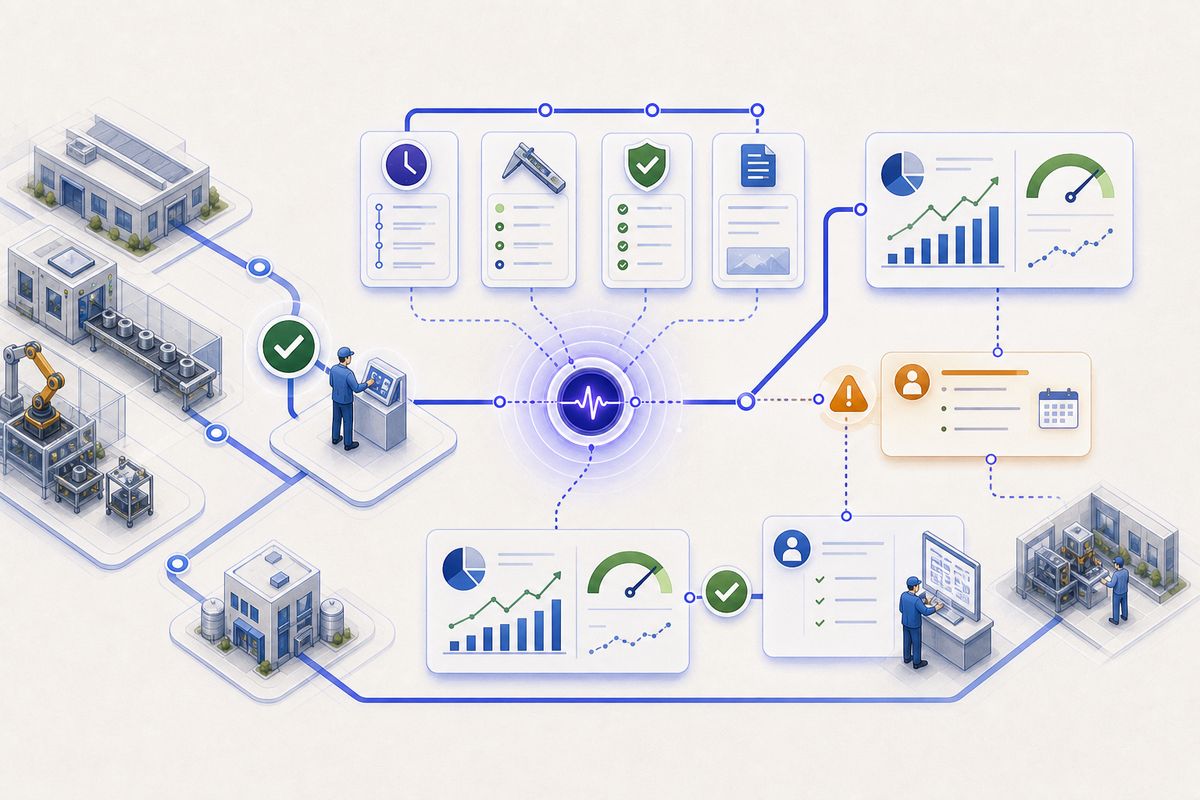 Evidence feeds a KPI, the KPI raises an action, and the action closes into an improvement.